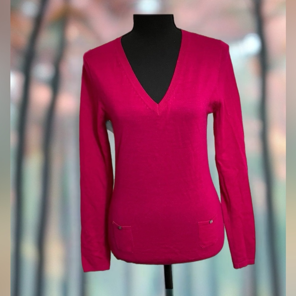 Massimo Dutti Pink Wool-Cashmere Front Pockets V-neck Back Keyhole Bow Sweater